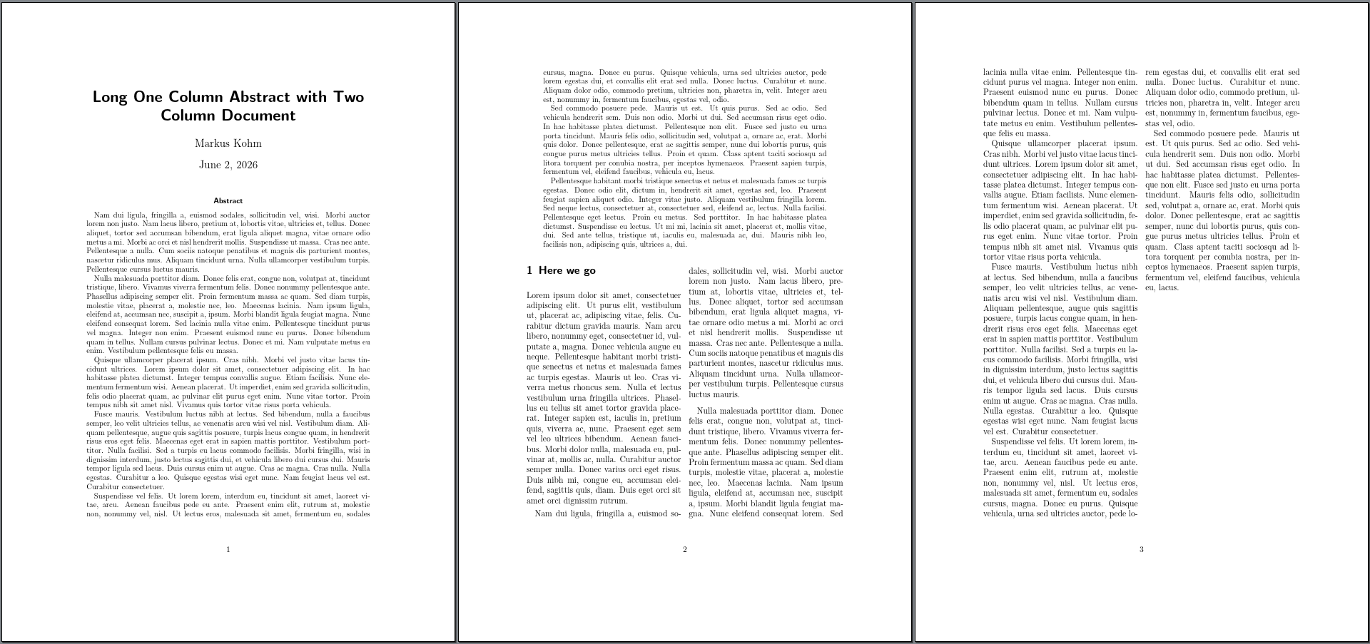 Dokument mit drei Seiten: Titel + Abstract auf Seite 1&2 einspaltig, Unter dem Abstract beginnt auf Seite 2 der zweispaltige Text